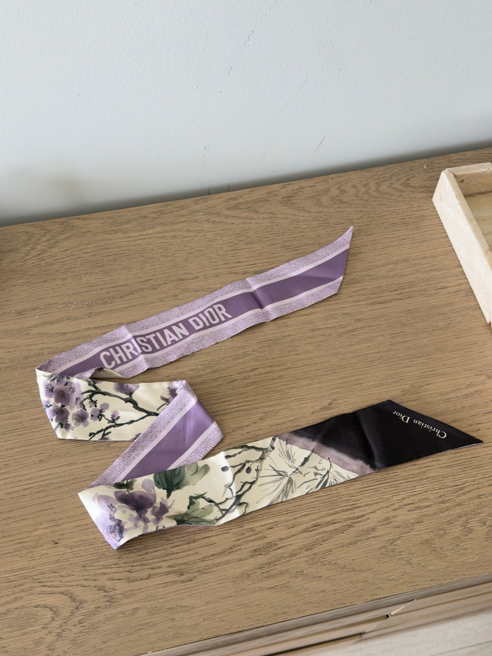 Dior Lavender Floral Silk Twilly with Logo Stripe - Picture 3 of 5